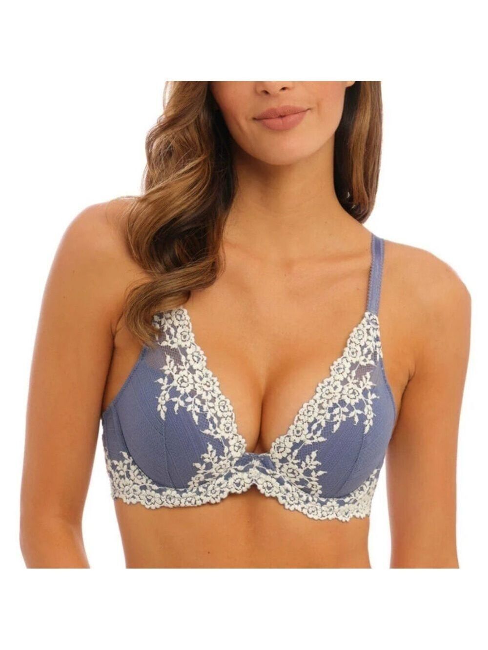 Wacoal Embrace lace plunge soft blue underwire bra 853291 32D
